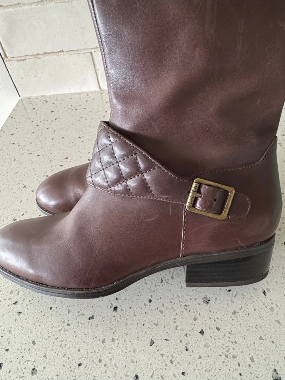 LAUREN Ralph Lauren MAVEAH Brown Leather Quilted Strap Riding Boots Size 7.5B